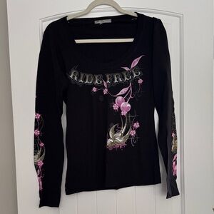 Ride Free Black Long Sleeve Tee with Pink and Silver Accents